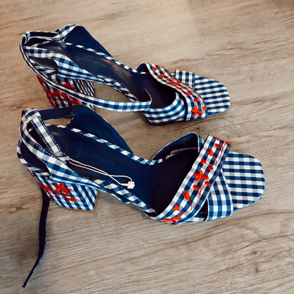 White and blue gingham mid heels